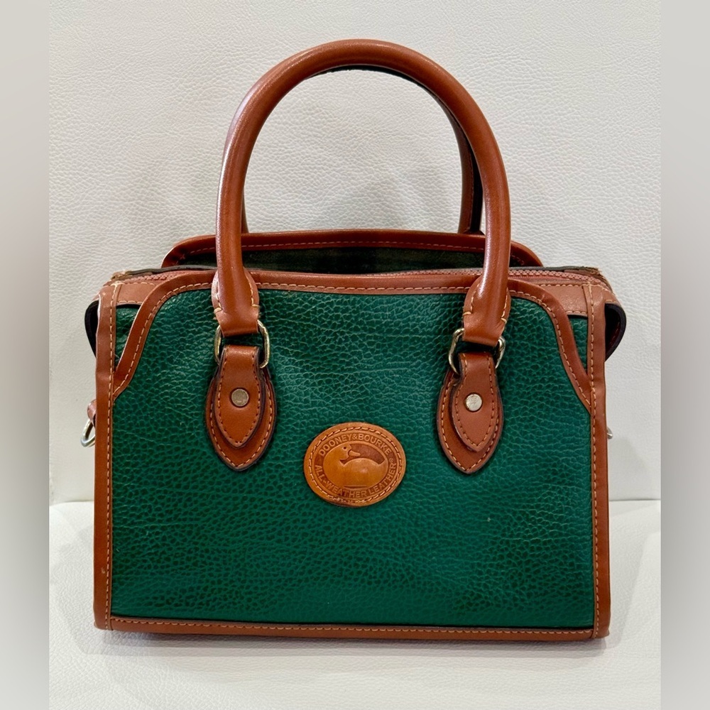 Vtg Dooney & Bourke Green Pebbled Leather Top Handle Zip Crossbody Satchel Bag